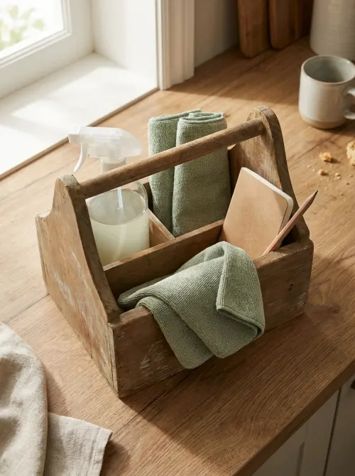 Mesada de cocina ordenada con elementos de limpieza y un cuaderno