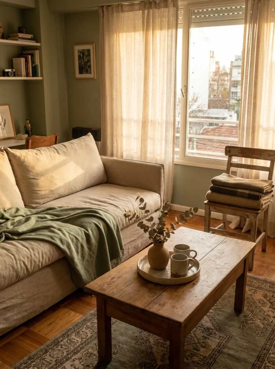 Living de una casa argentina ordenado y cálido, listo para recibir gente